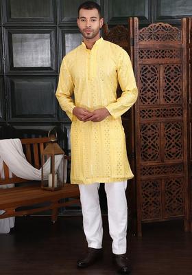 Yellow Embroidered Viscose Kurta Set For Men