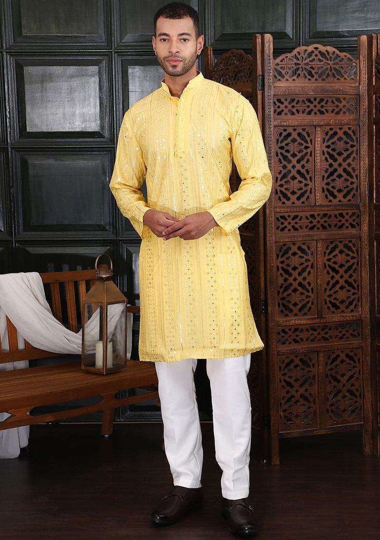 Yellow Embroidered Viscose Kurta Set For Men - Indya