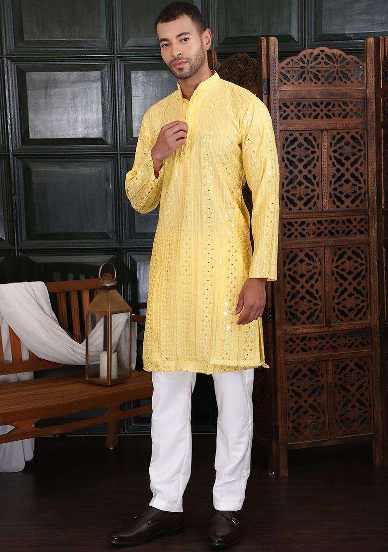Yellow Embroidered Viscose Kurta Set For Men - Indya