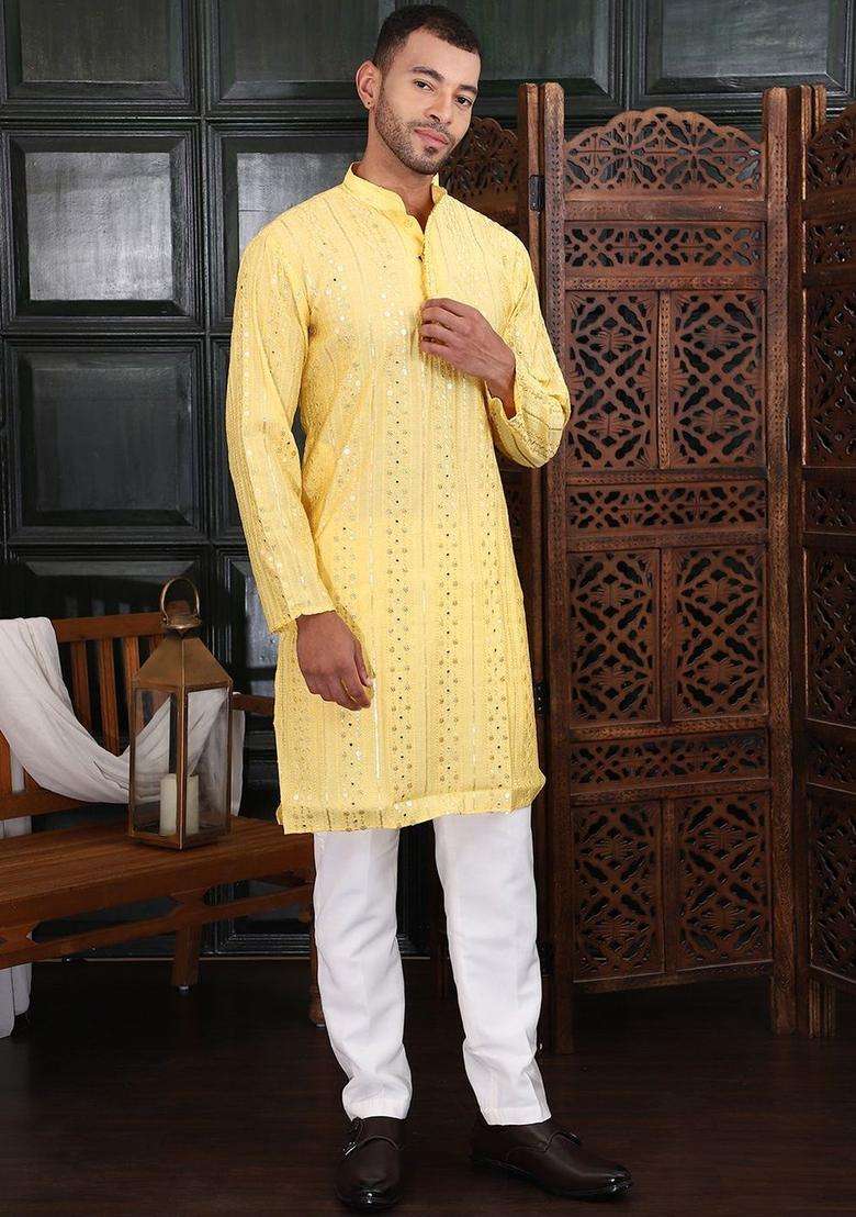 Yellow Embroidered Viscose Kurta Set For Men - Indya