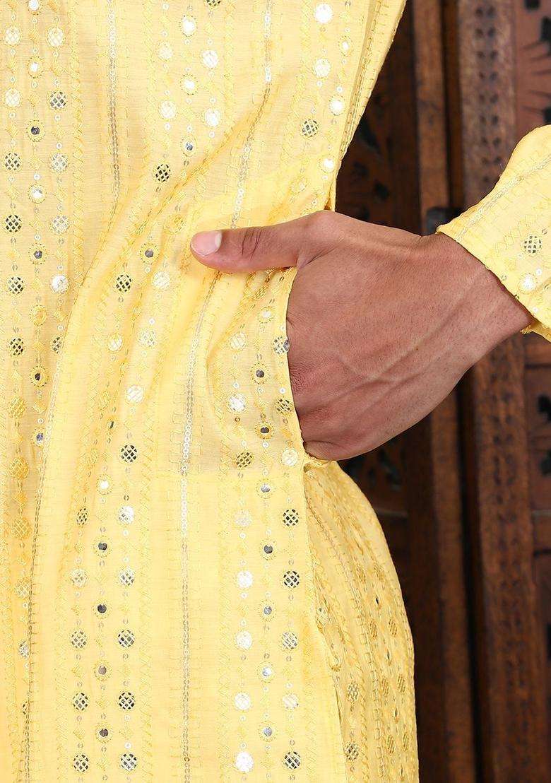 Yellow Embroidered Viscose Kurta Set For Men - Indya
