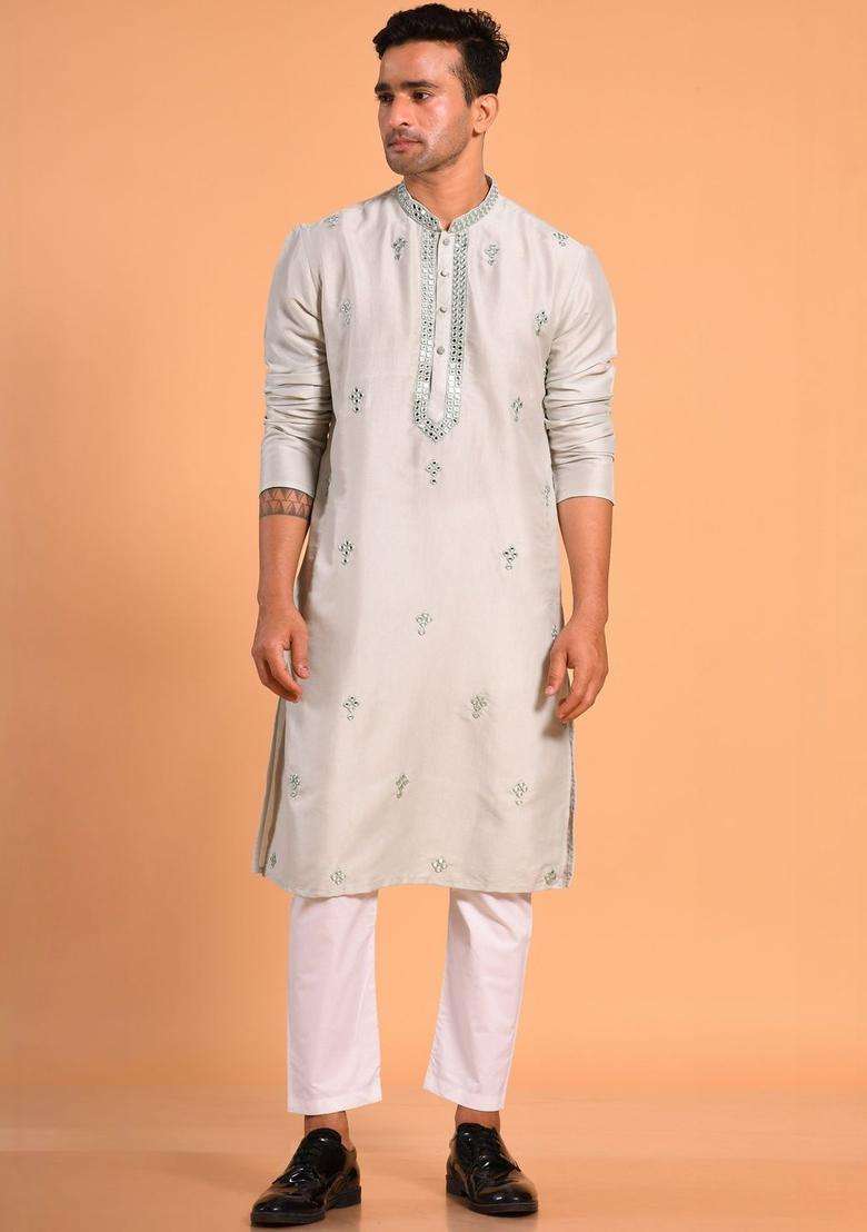 Grey Embroidered Silk Kurta Set For Men - Indya