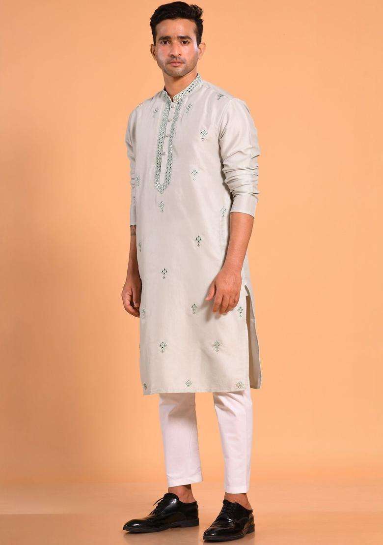 Grey Embroidered Silk Kurta Set For Men - Indya