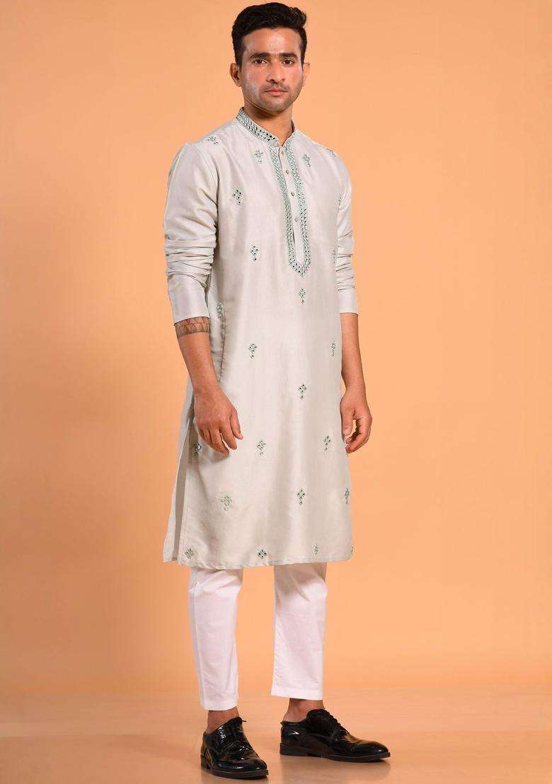 Grey Embroidered Silk Kurta Set For Men - Indya