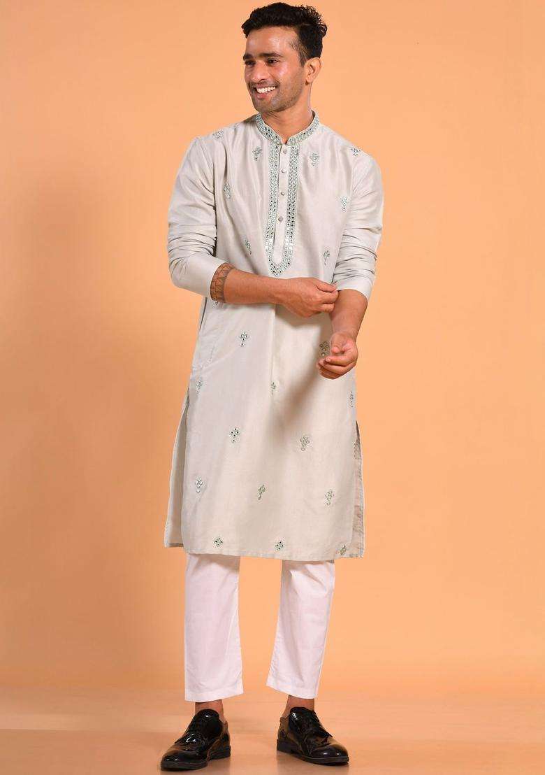 Grey Embroidered Silk Kurta Set For Men - Indya
