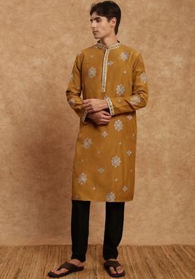 Mustard Embroidered Silk Kurta Set For Men