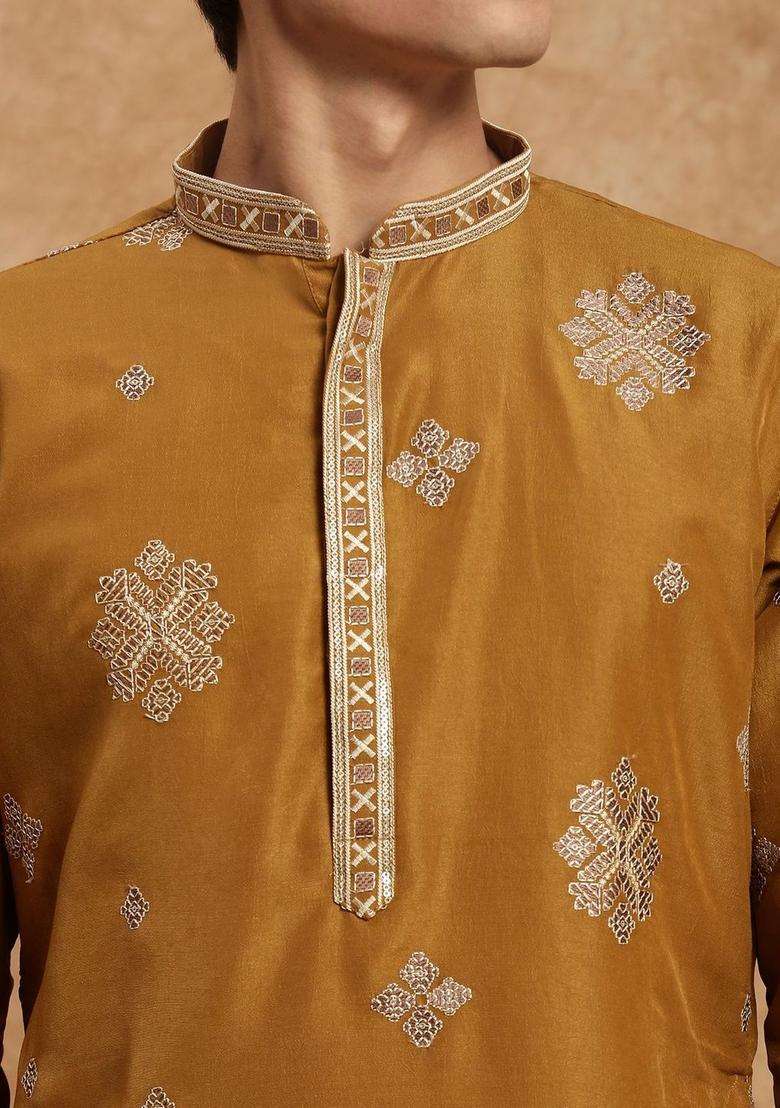 Mustard Embroidered Silk Kurta Set For Men - Indya