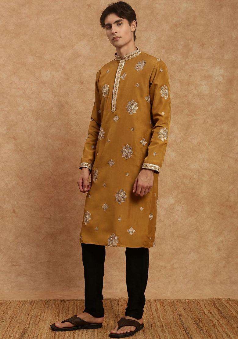 Mustard Embroidered Silk Kurta Set For Men - Indya