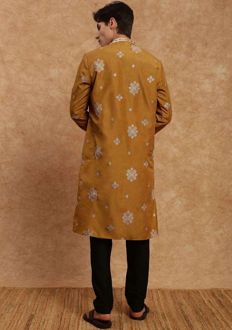 Mustard Embroidered Silk Kurta Set For Men - Indya