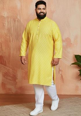 Yellow Striped Cotton Kurta Set For Men