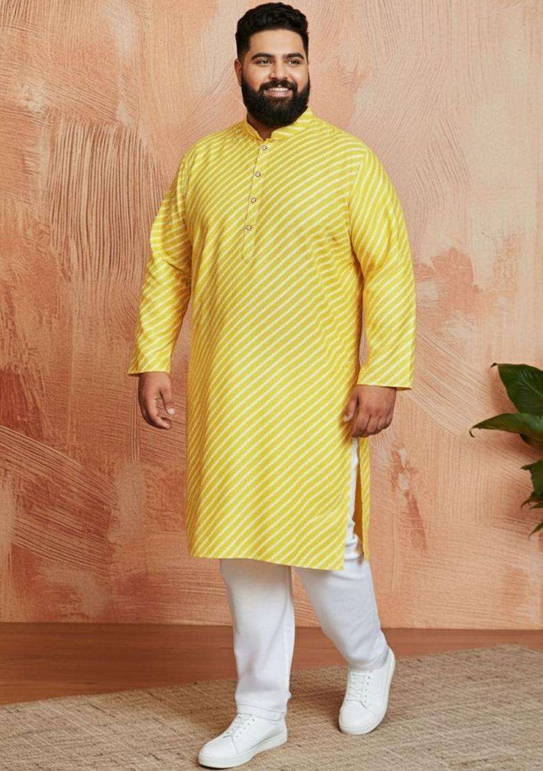 Yellow Striped Cotton Kurta Set For Men - Indya