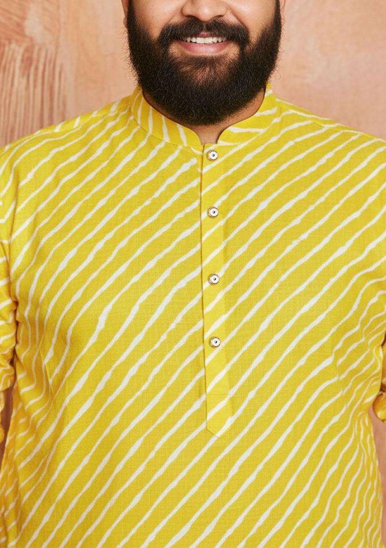 Yellow Striped Cotton Kurta Set For Men - Indya