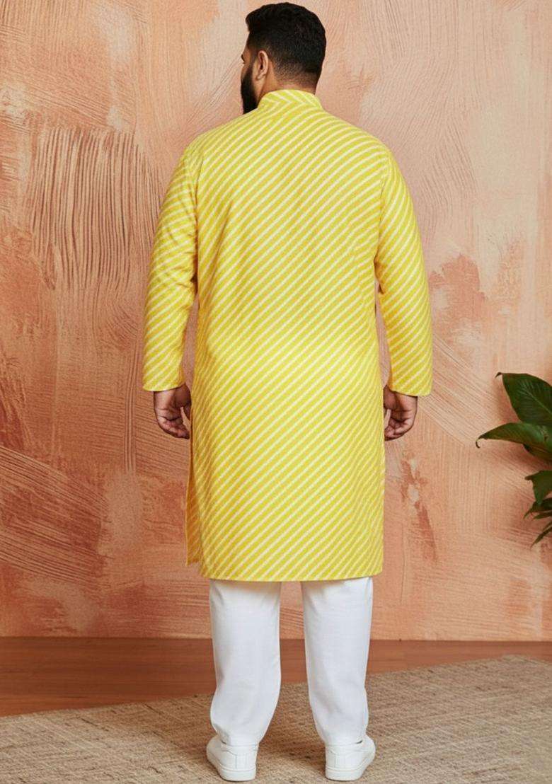 Yellow Striped Cotton Kurta Set For Men - Indya