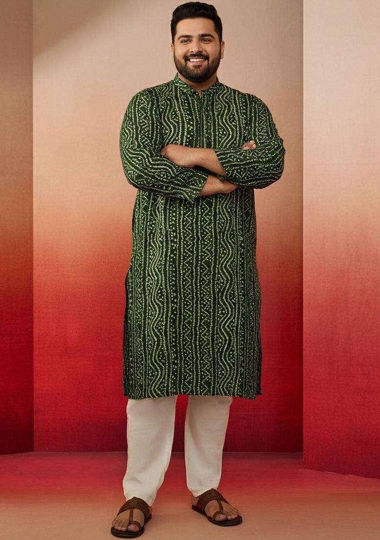 Green Printed Viscose Kurta Set For Men - Indya