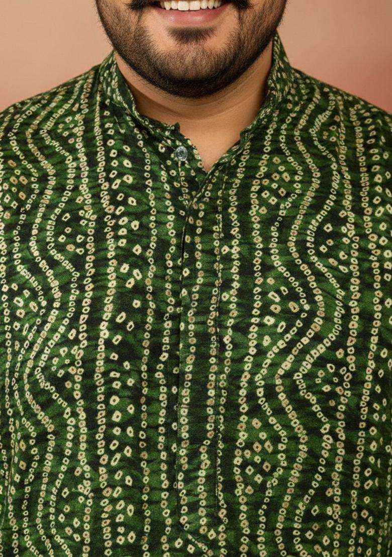 Green Printed Viscose Kurta Set For Men - Indya