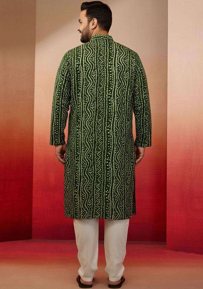 Green Printed Viscose Kurta Set For Men - Indya