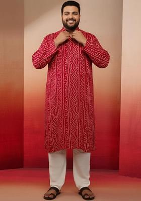 Red Printed Viscose Kurta Set For Men