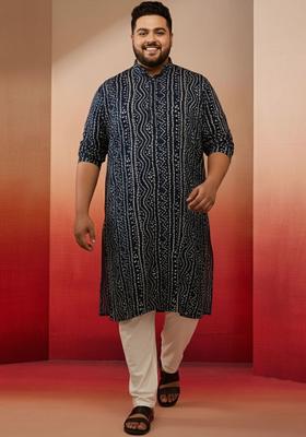 Navy Blue Printed Viscose Kurta Set For Men
