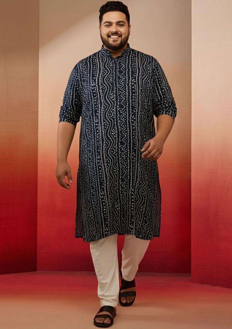 Navy Blue Printed Viscose Kurta Set For Men - Indya