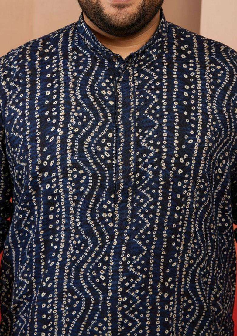 Navy Blue Printed Viscose Kurta Set For Men - Indya