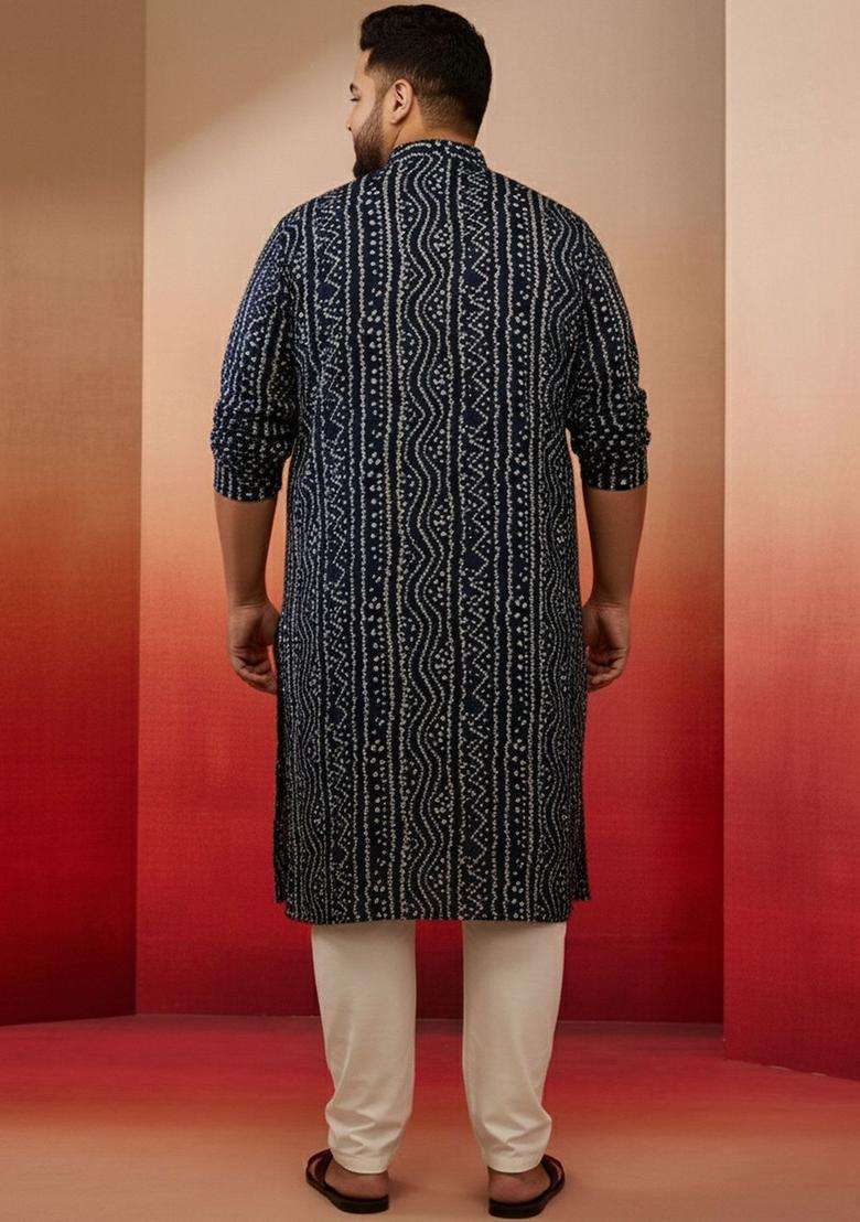 Navy Blue Printed Viscose Kurta Set For Men - Indya