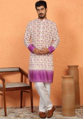 Off White Printed Cotton Kurta Set For Men