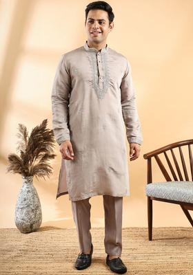Beige Embroidered Cotton Kurta Set For Men