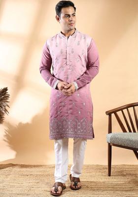 Pink Embroidered Cotton Kurta Set For Men