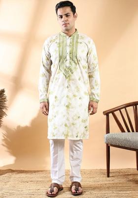 Off White Printed Cotton Kurta Set For Men