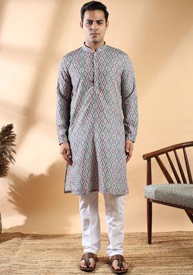 Green Printed Cotton Kurta Set For Men