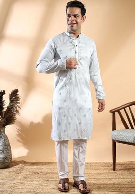 Off White Embroidered Cotton Kurta Set For Men
