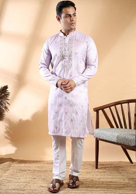 Lavender Self Design Cotton Kurta Set For Men