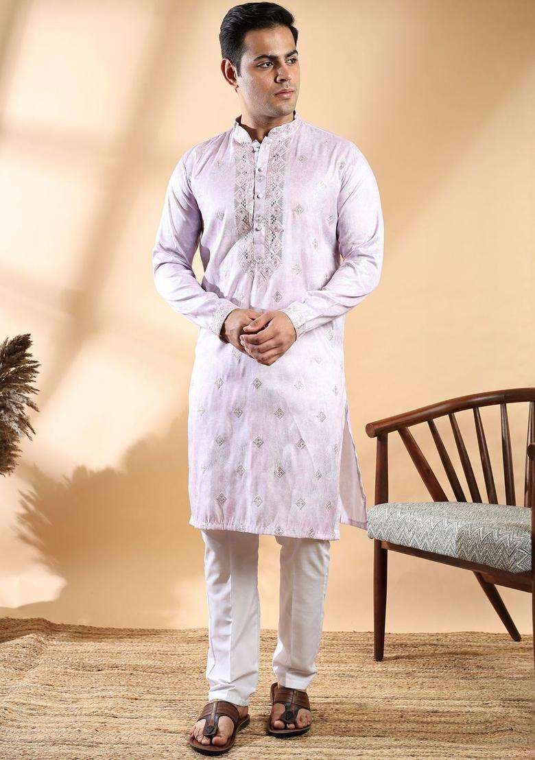 Lavender Self Design Cotton Kurta Set For Men - Indya