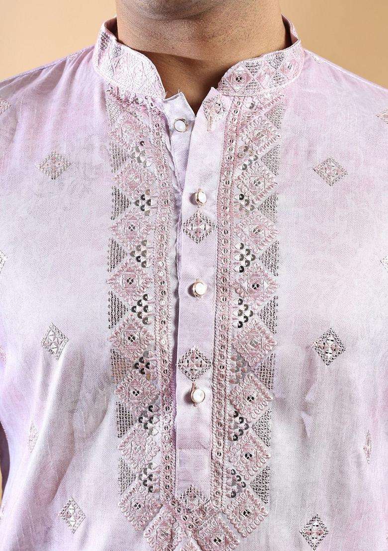 Lavender Self Design Cotton Kurta Set For Men - Indya