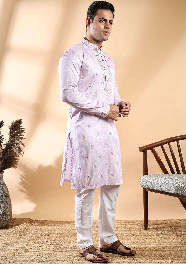 Lavender Self Design Cotton Kurta Set For Men - Indya