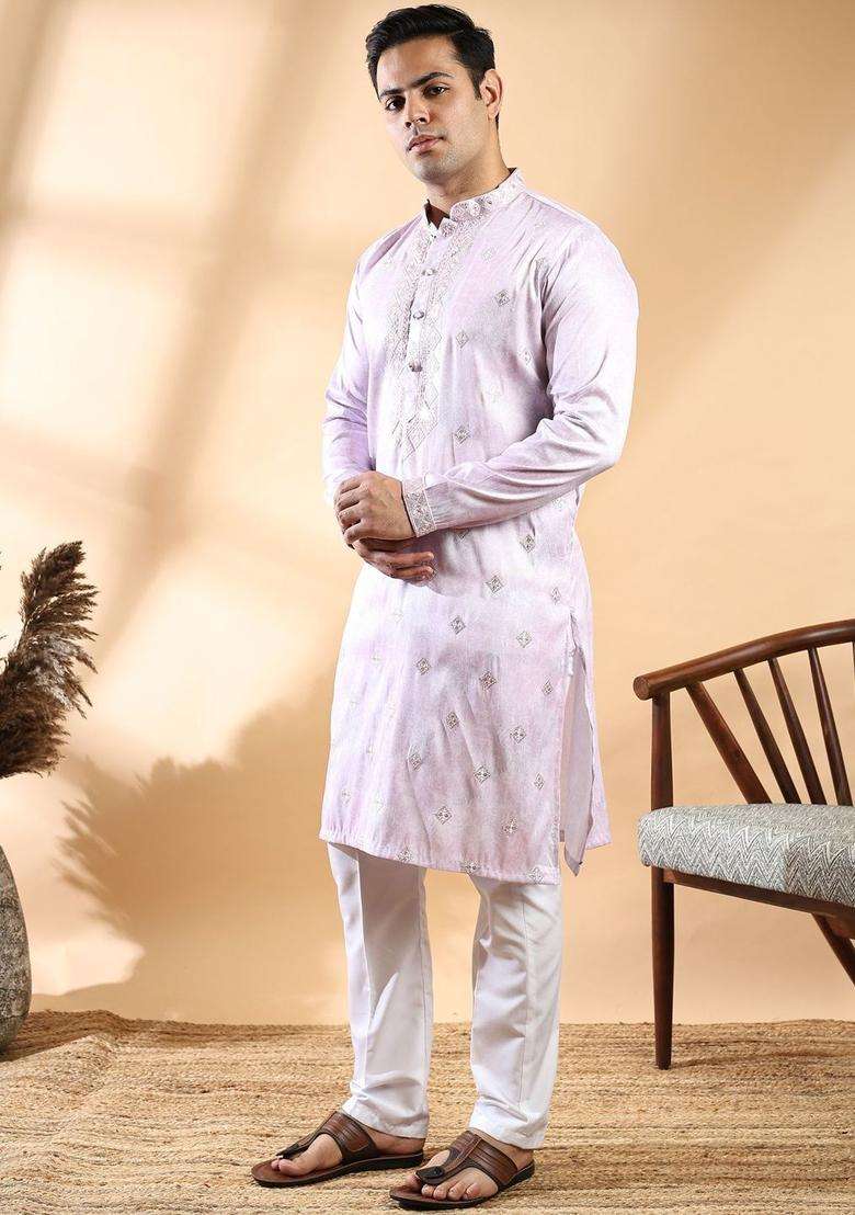 Lavender Self Design Cotton Kurta Set For Men - Indya