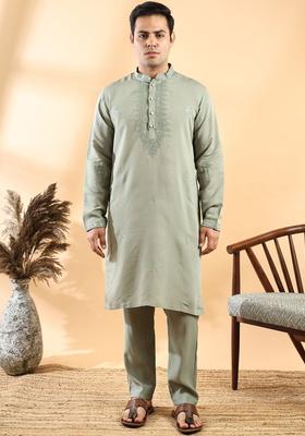 Olive Embroidered Cotton Kurta Set For Men
