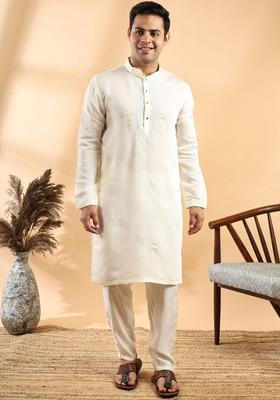 Off White Embroidered Cotton Kurta Set For Men