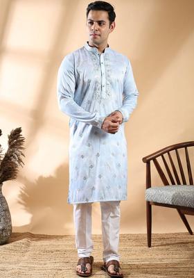 Blue Embroidered Cotton Kurta Set For Men