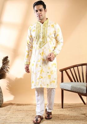Yellow Printed Cotton Kurta Set For Men