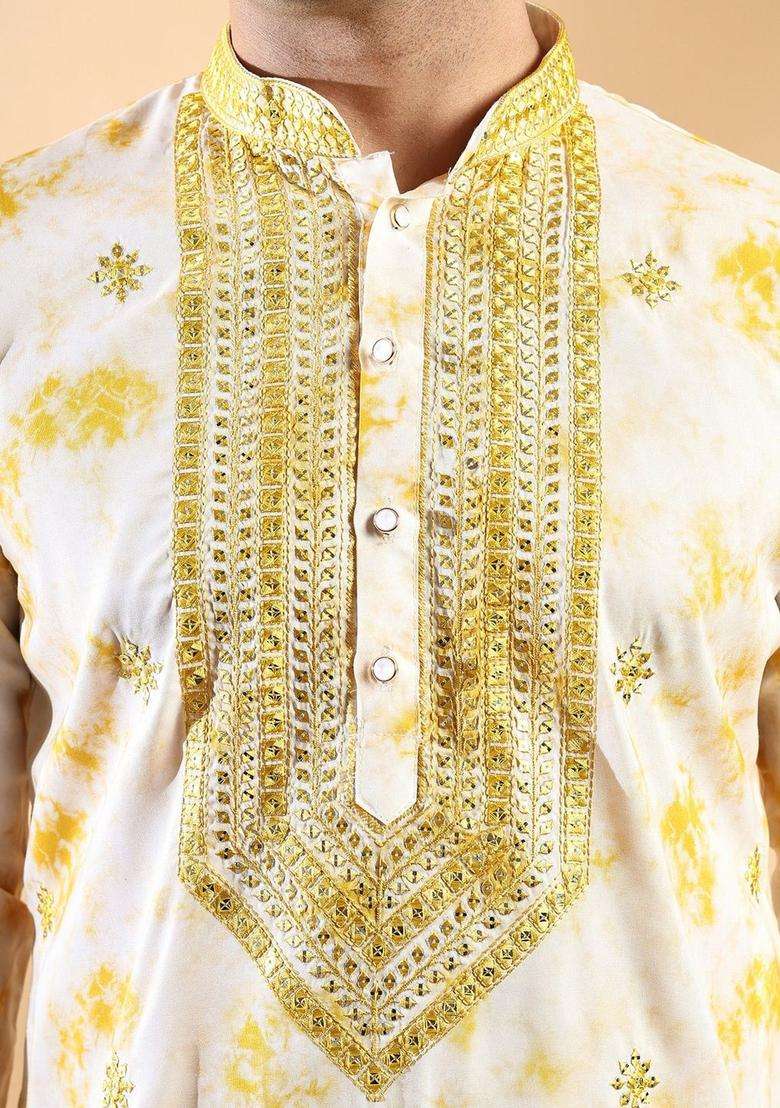 Yellow Printed Cotton Kurta Set For Men - Indya