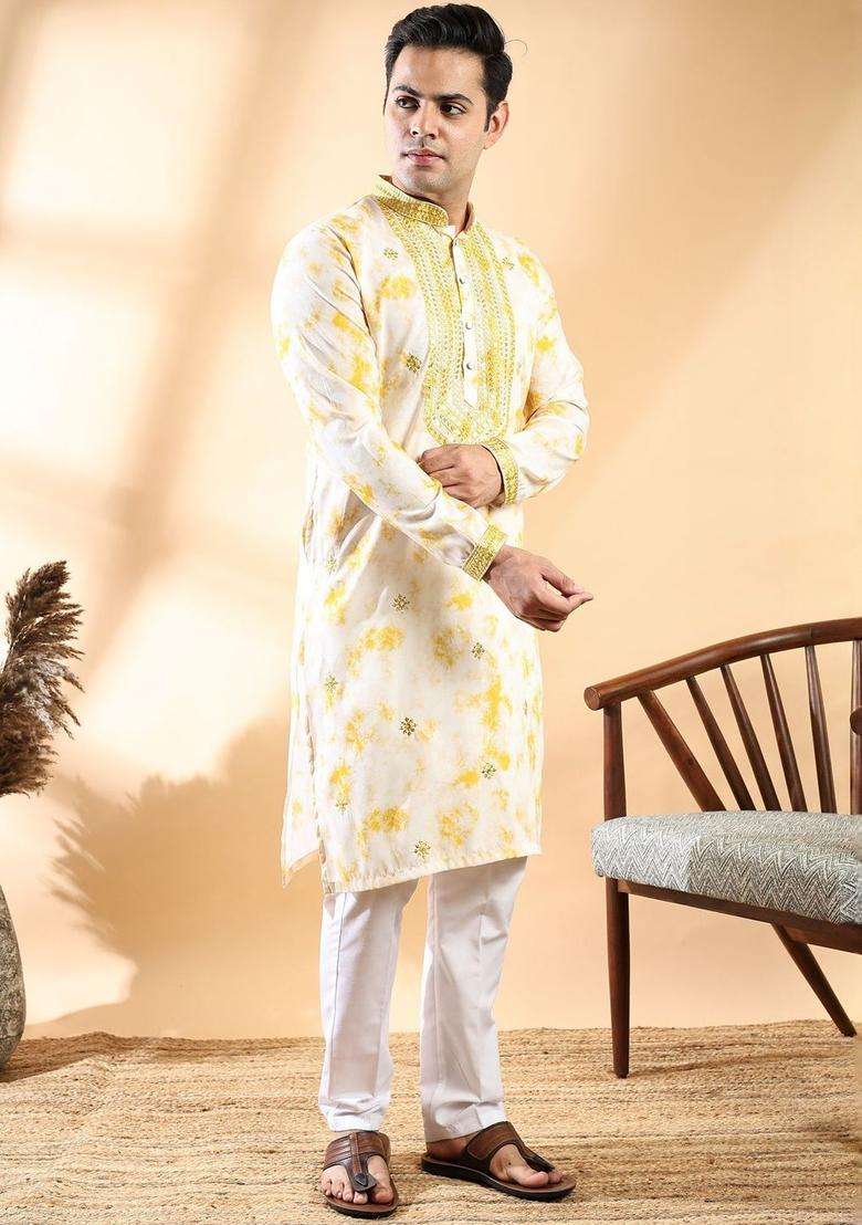 Yellow Printed Cotton Kurta Set For Men - Indya