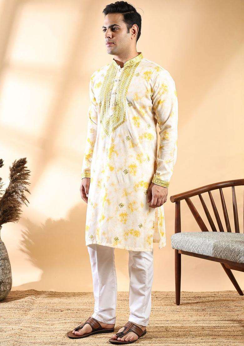 Yellow Printed Cotton Kurta Set For Men - Indya