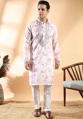 Pink Printed Cotton Kurta Set For Men