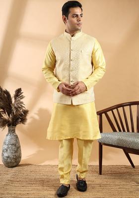 Yellow Solid Silk Kurta Set For Men