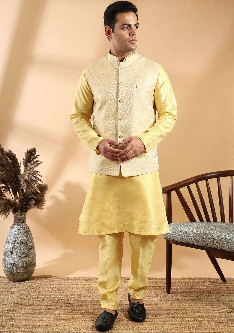 Yellow Solid Silk Blend Kurta Set For Men - Indya