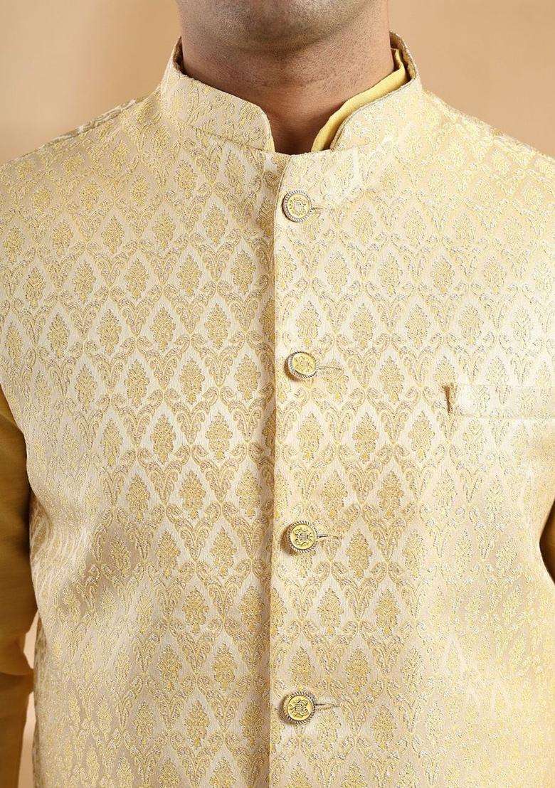 Yellow Solid Silk Blend Kurta Set For Men - Indya