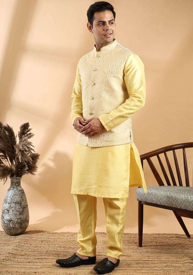 Yellow Solid Silk Blend Kurta Set For Men - Indya