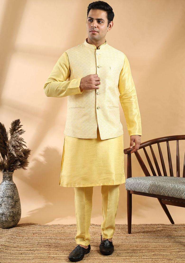 Yellow Solid Silk Blend Kurta Set For Men - Indya