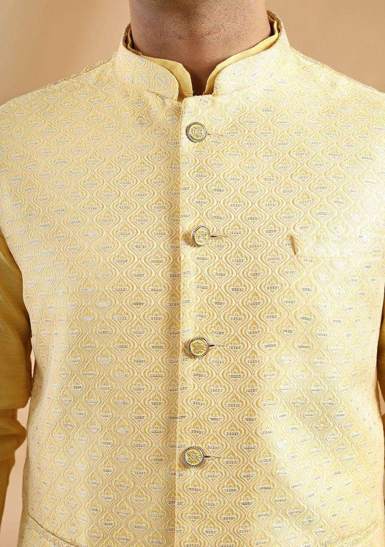 Yellow Solid Silk Blend Kurta Set For Men - Indya
